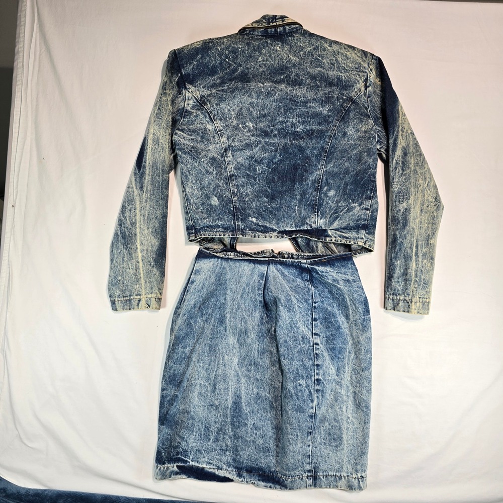 Champagne West Vintage 80s Acid Wash Denim Jacket and Skirt Set Blue Size 9/10 - Picture 2 of 15
